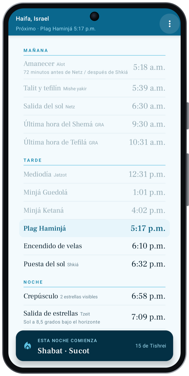 Lista de horarios con Shabat y encendido de velas