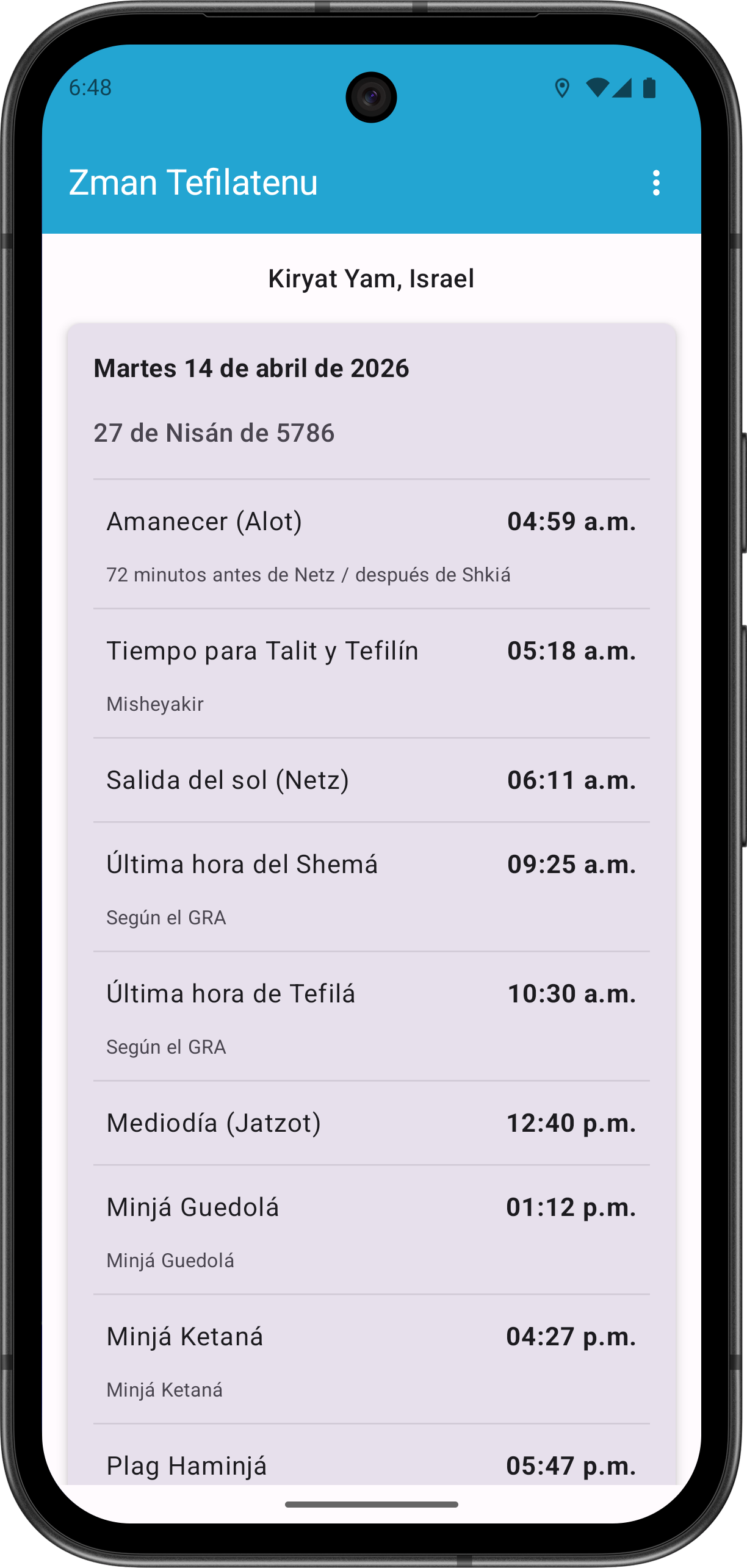 Zman Tefilatenu Pantalla Principal