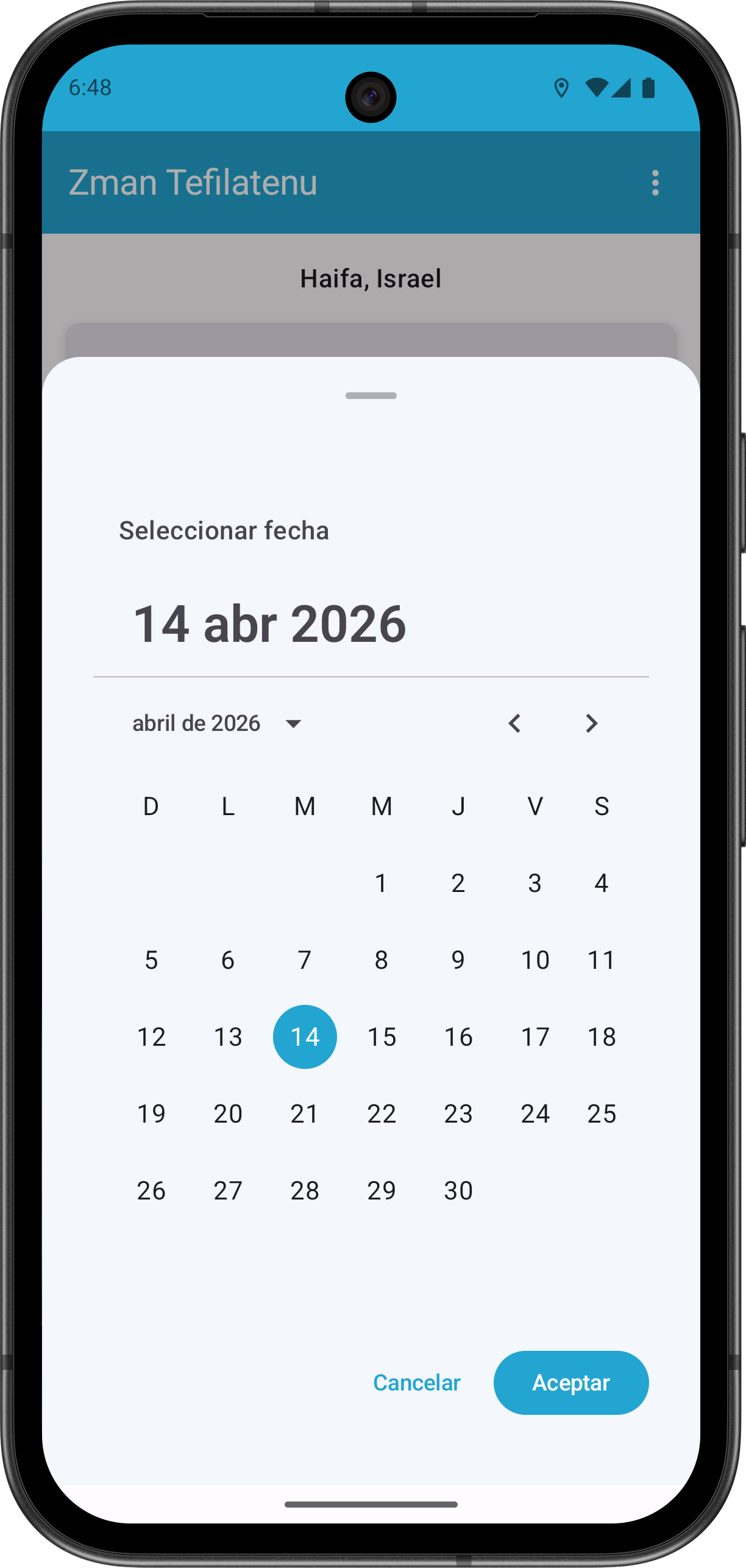 Visualización de Zmanim por fecha